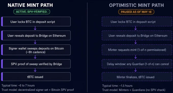 Two flowcharts illustrate the Native Mint Path and Optimistic Mint Path for tBTC, detailing user actions and trust models involved.