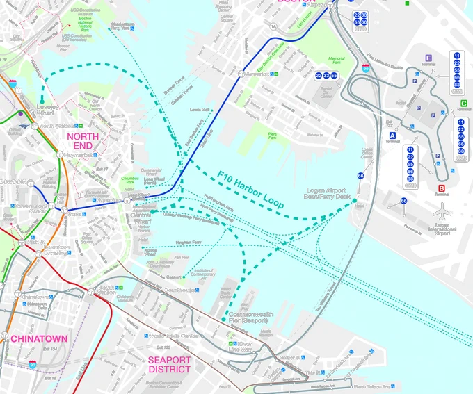 A map of Boston Harbor showing the new Harbor Loop ferry route.