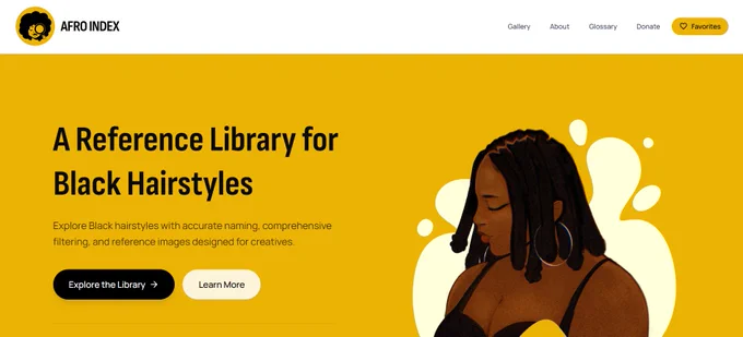 Screenshot of the site Afro Index's home page. It's a library for black hair references.