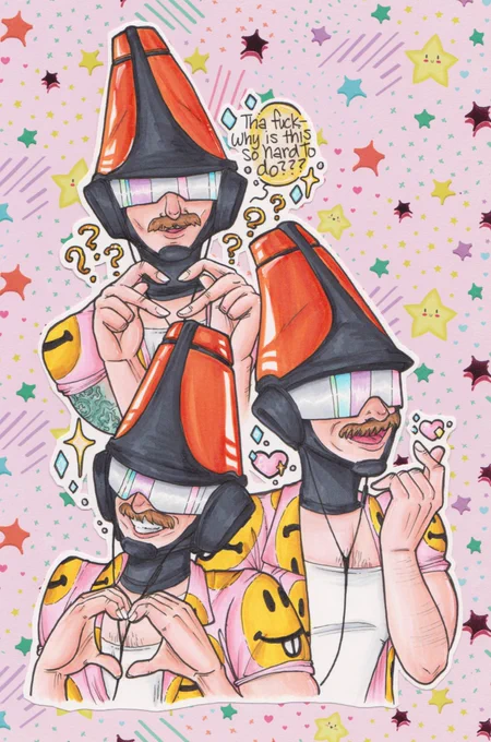 Three drawings of Doctor Sung from TWRP doing heart symbols with his hands. He's struggling with one of them