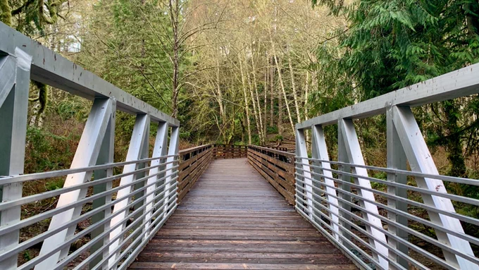 View across the new steel and wood pedestrian bridge in Sooke, BC.