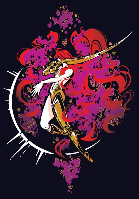 A flat colour illustration of Malenia from the video game Elden Ring. She is half covered in gold armour and carries a sword; her red hair teems with purple decay and butterflies