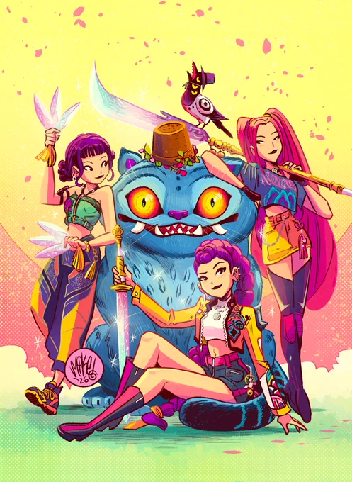 Some KPop Demon Hunters fanart. Rumi, Mira and Zoey all hanging out with Derpy (and Sussie). Hope it makes your day feel extra golden! 💛
