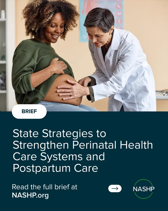 Image: A pregnant woman and her doctor smile during a check-up at the hospital.
Text: Brief - State Strategies to Strengthen Perinatal Health Care Systems and Postpartum Care. Read the full brief at NASHP.org