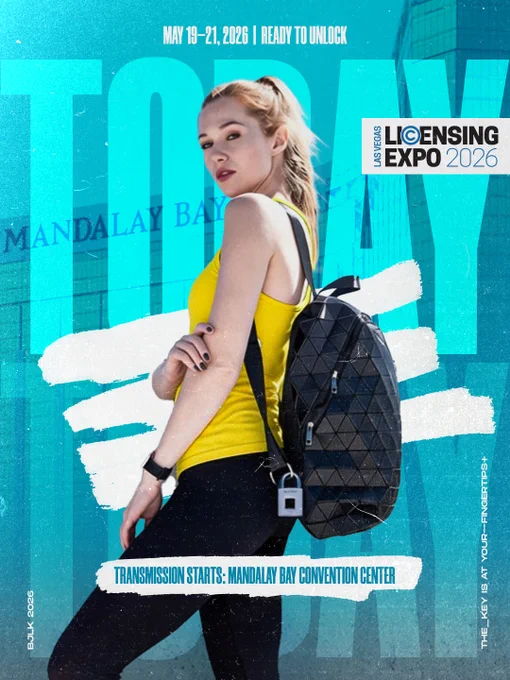 Promotional graphic for Licensing Expo 2026 showing a woman in a yellow top with a black backpack and a padlock attached. Large text reads “TODAY.” Top text says “May 19–21, 2026 | Ready to Unlock.” Logo reads “Las Vegas Licensing Expo 2026.” Bottom text: “Transmission starts: Mandalay Bay Convention Center.” Side text: “The key is at your fingertips.”