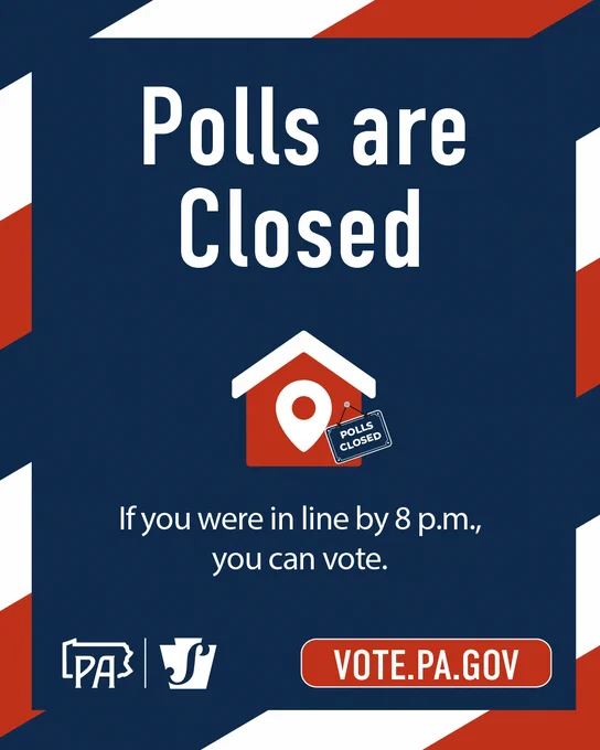 Polls are closed. Illustration of a building with a polling place sign. 