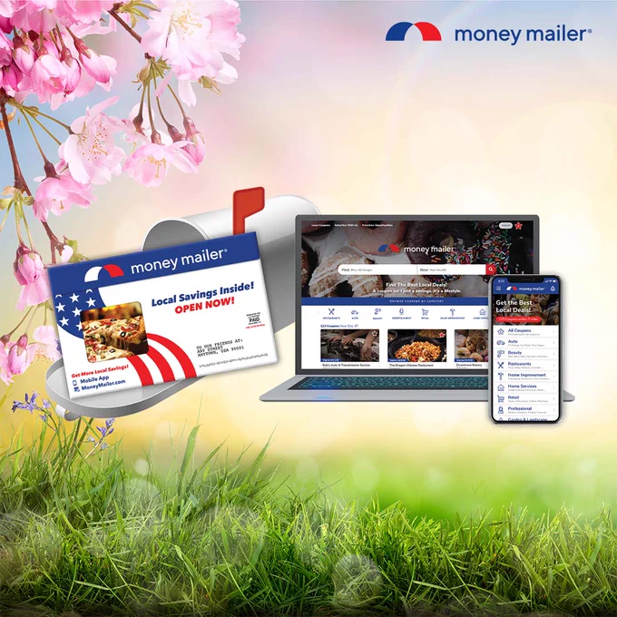 Mailbox with a Money Mailer envelope next to a laptop and smartphone displaying the Money Mailer website and app on a springtime background.