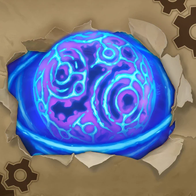 Hearthstone Arcanomicon artwork showing a glowing blue and purple arcane orb breaking through parchment.