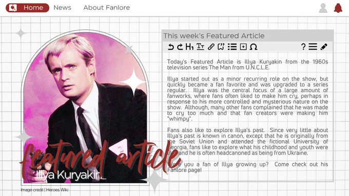 Grey and white background that looks like a blog post. On the left is an image of Illya holding a gun. Text on the left reads 'Featured Article, Illya Kuryakin', Text on the right reads 'This week's Featured Article' the remainder of the text is from the featured article post.