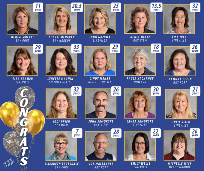 Collage of 20 staff portraits with names and years of service, celebrating work anniversaries from 7 to 33 years.