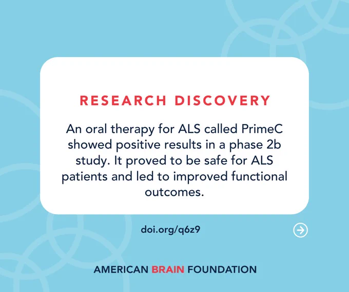 Research Discovery: An oral therapy for ALS called PrimeC showed positive results in a phase 2b study. It proved to be safe for ALS patients and led to improved functional outcomes.