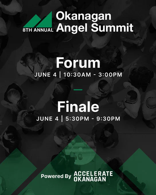 Graphic design of people networking. Text reads: “8th annual Okanagan Angel Summit, Forum June 4, 10:30AM – 3:00PM, Finale June 4, 5:30PM – 9:30PM, Powered by Accelerate Okanagan”