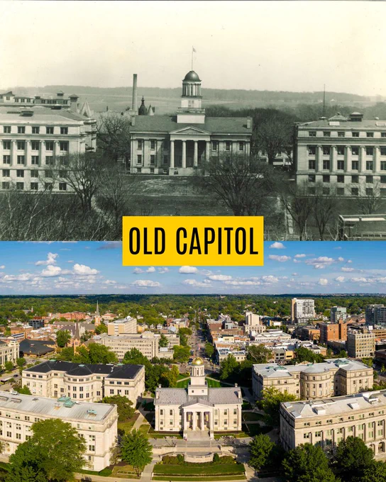 Then-and-now view of the University of Iowa’s Old Capitol, featuring a historic black-and-white campus photo above a modern aerial view of the Pentacrest and downtown Iowa City.