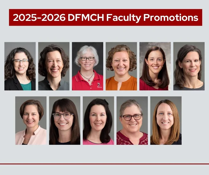 A graphic reads "2025-2026 DFMCH Faculty Promotions" over eleven headshots of the faculty being promoted