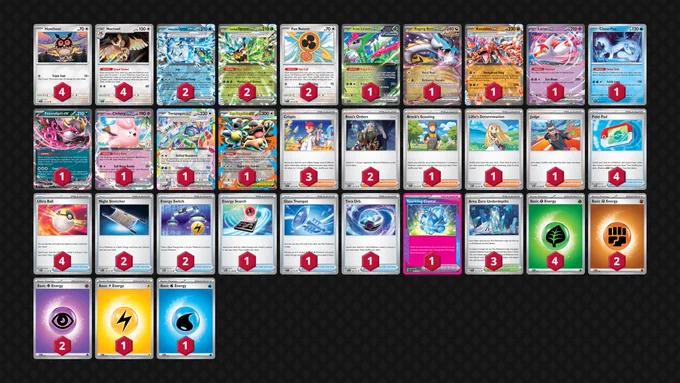 Pokémon: 23
4 Hoothoot SCR 114
4 Noctowl SCR 115
2 Wellspring Mask Ogerpon ex TWM 64
2 Teal Mask Ogerpon ex TWM 25
2 Fan Rotom SCR 118
1 Iron Leaves ex TEF 25
1 Raging Bolt ex TEF 123
1 Koraidon ex ASC 121
1 Latias ex SSP 76
1 Chien-Pao SSP 56
1 Fezandipiti ex ASC 142
1 Lillie's Clefairy ex JTG 56
1 Terapagos ex SCR 128
1 Mega Kangaskhan ex MEG 104

Trainer: 27
3 Crispin SCR 133
2 Boss's Orders MEG 114
1 Brock's Scouting JTG 146
1 Lillie's Determination MEG 119
1 Judge POR 76
4 Poké Pad POR 81
4 Ultra Ball MEG 131
2 Night Stretcher ASC 196
2 Energy Switch MEG 115
1 Energy Search POR 72
1 Glass Trumpet SCR 135
1 Tera Orb SSP 189
1 Sparkling Crystal SCR 142
3 Area Zero Underdepths SCR 131

Energy: 10
4 Grass Energy MEE 1
2 Fighting Energy MEE 6
2 Psychic Energy MEE 5
1 Lightning Energy MEE 4
1 Water Energy MEE 3