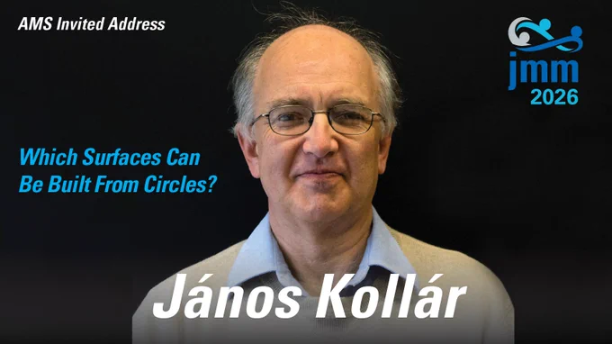 AMS Invited Address. János Kollár headshot. “Which Surfaces Can be Built from Circles?” JMM 2026 logo.