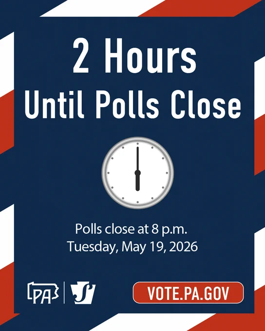 2 hours until polls close. Illustration of clock displaying 6:00 pm.