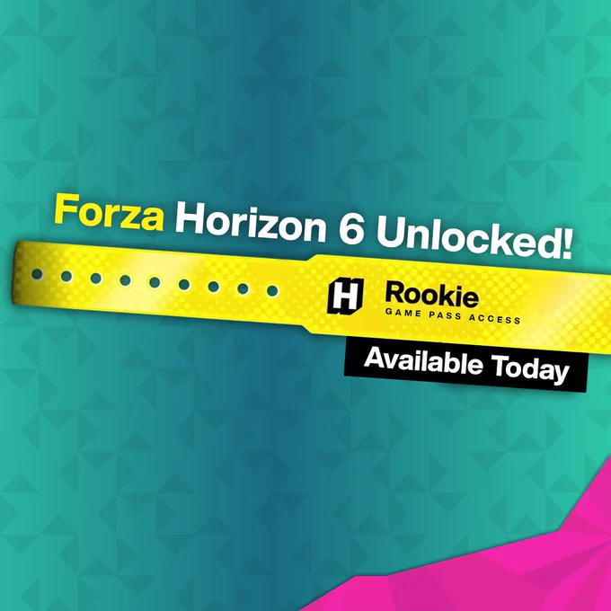 Image of a Rookie Wristband from Forza Horizon 6. Text reads: "Forza Horizon 6 Unlocked! Available Today"
