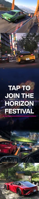 Five different screenshots featuring gameplay from Forza Horizon 6. The image in the center has text that reads: "TAP TO JOIN THE HORIZON FESTIVAL"