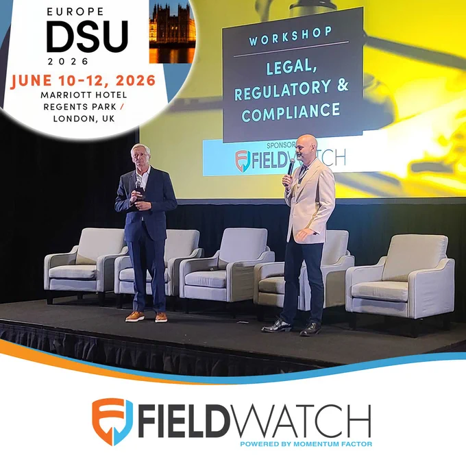 Image of FieldWatch's Jonathan Gilliam on stage with Direct Selling News' Stuart Johnson for the Legal, Regulatory & Compliance Workshop presented by FieldWatch at DSU Fall 2025. Image is also promoting Jonathan's upcoming stage appearance at DSU Europe 2026 (June 10-12) for the event's Legal, Regulatory & Compliance Workshop presented again by FieldWatch.