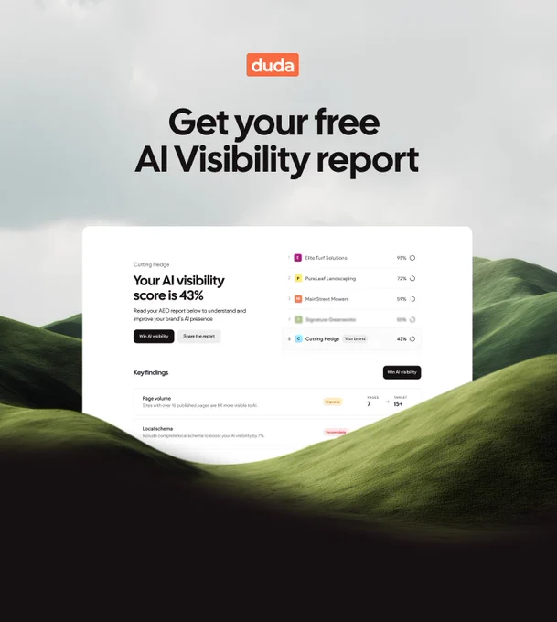 A visual graphic that shows a web page on Duda that includes details about a website for an example of Duda's new AI Visibility reporting tool. It also includes the following text: "Get your free AI Visibility report."
