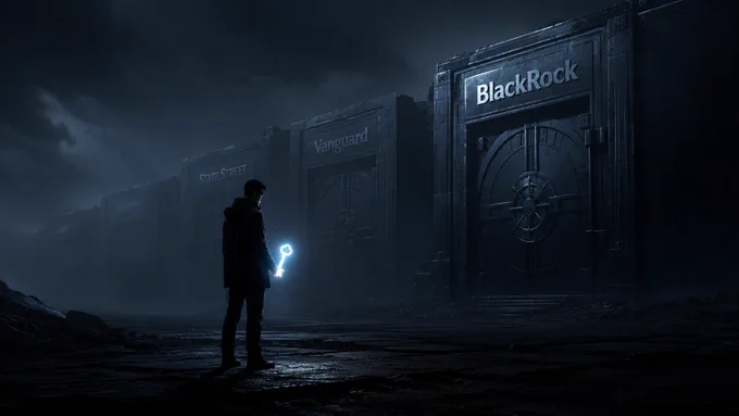 A conceptual digital art piece showing a dark, dystopian landscape of massive, imposing steel bank vaults labeled 'BlackRock', 'Vanguard', and 'State Street'. In the foreground, a single silhouette figure stands facing these giants, holding a glowing, ethereal key that represents digital sovereignty and individual ownership of data, contrasting against the centralized power of traditional institutional finance.