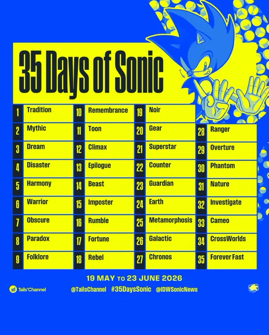 The prompts for "35 Days of Sonic," a community fan artwork event that will begin on 19 May and end on 23 June 2026. The prompts are: Tradition, Mythic, Dream, Disaster, Harmony, Warrior, Obscure, Paradox, Folklore, Remembrance, Toon, Climax, Epilogue, Beast, Imposter, Rumble, Fortune, Rebel, Noir, Gear, Superstar, Counter, Guardian, Earth, Metamorphosis, Galactic, Chronos, Ranger, Overlord, Phantom, Nature, Investigate, Cameo, CrossWorlds, and Forever Fast.