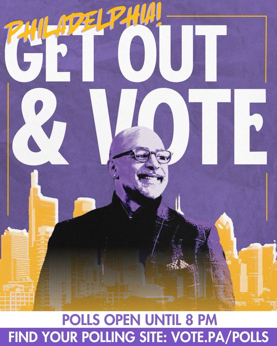 Philadelphia, GET OUT AND VOTE. 
Polls Open Until 8pm
Find your polling site: VOTE.PA/POLLS