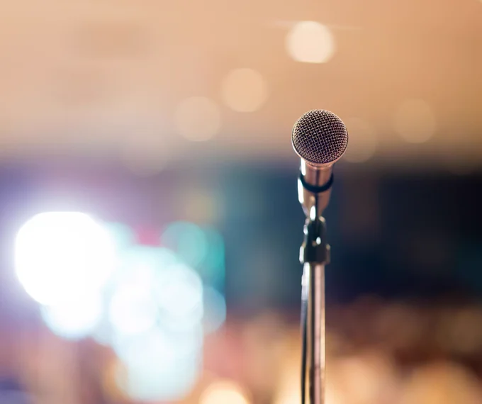 A microphone in a stand.
