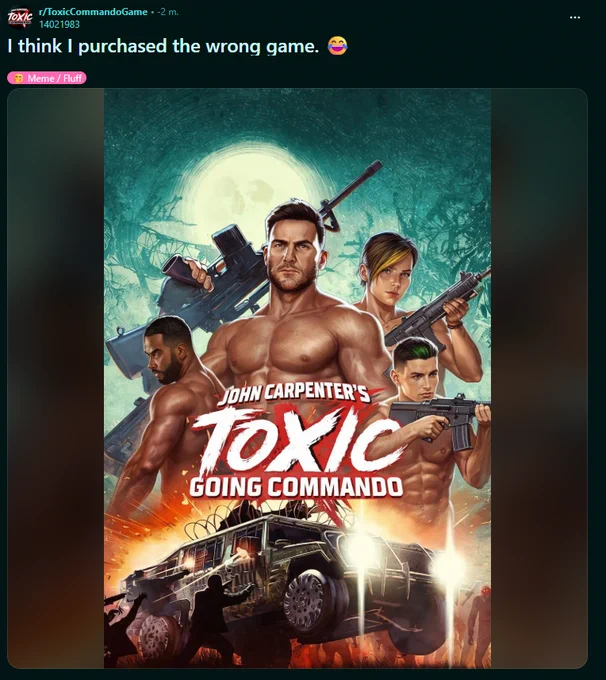 Game cover art with four muscular men holding guns, a full moon in the background, and a heavily armed vehicle below, titled "Toxic Going Commando."