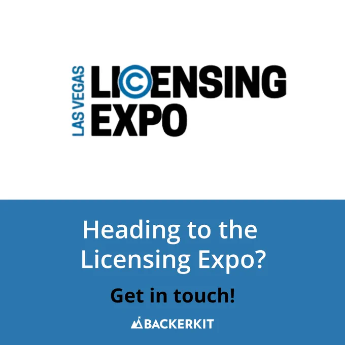 Promotional graphic featuring the Las Vegas Licensing Expo logo on a white background, with a blue banner below reading 'Heading to the Licensing Expo? Get in touch!' and the BackerKit logo.