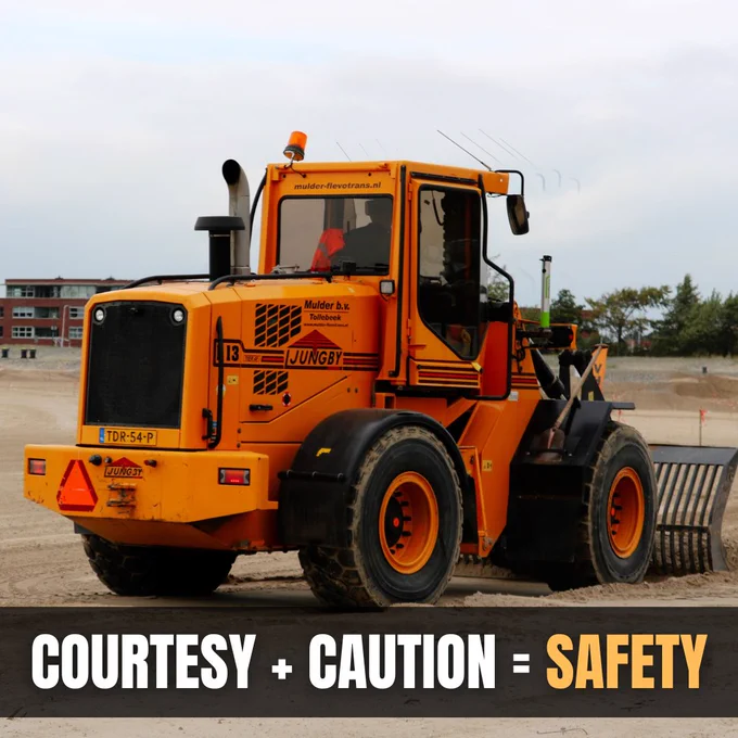 Image of a large, orange construction vehicle with a slow-moving vehicle sing on the back. 

Text overlay in bold reads "Courtesy   Caution = Safety."