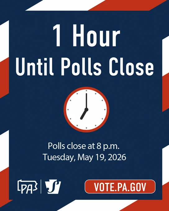 1 hour until polls close. Illustration of clock displaying 7:00 p.m 