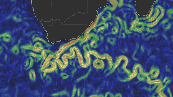  Agulhas ocean currents on Feb 11, 2018, from OSCAR v2.0, distributed by NASA JPL, generated by Earth and Space Research, and visualized by earth.nullschool.net. 