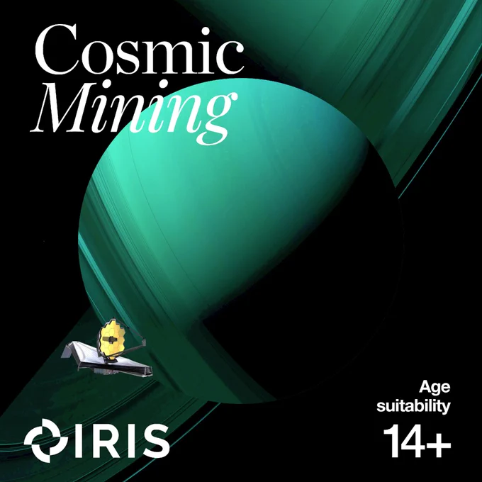 An image of a cosmic scene filled with rich green and black shapes, with a magnified circle in the middle. A small spacecraft is on the bottom left. text reads: "Cosmic Mining"