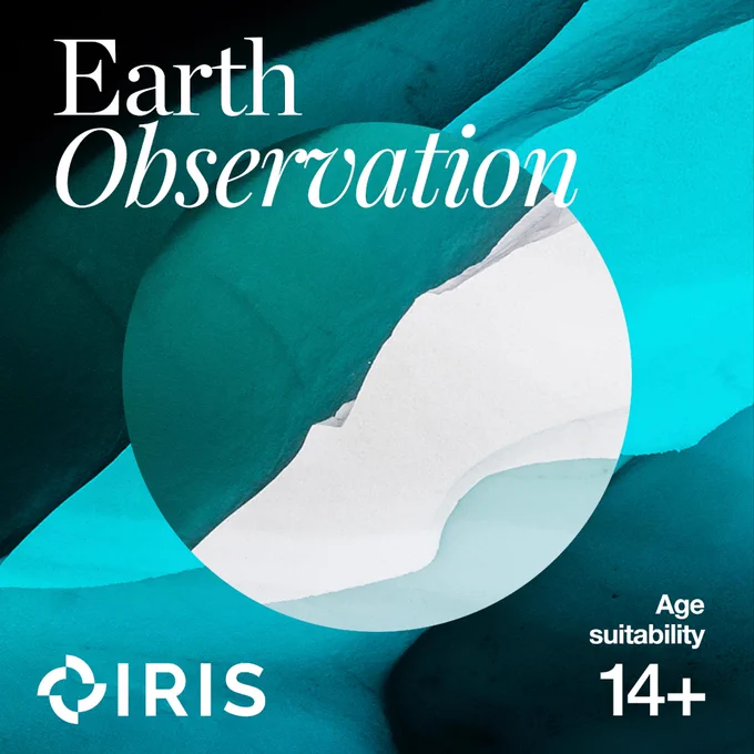 An image consisting of abstract blue, green and white shapes, with a magnified circle in the middle. Text reads: "Earth Observation"