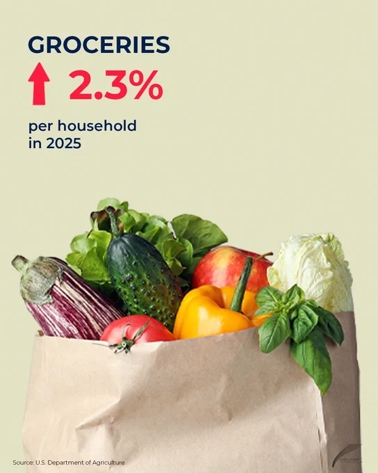 Graphic with image of groceries in a bag and text: Groceries,  arrow pointing up, 2.3%, per household in 2025. Source: U.S. Department of Agriculture. USTelecom logo.