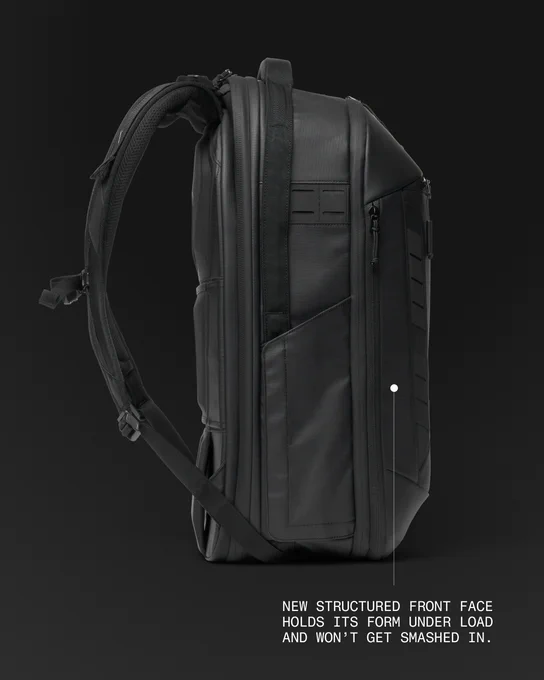 Side profile of the McKinnon Camera Pack 35L V2 highlighting the new structured front face designed to protect photography gear under load.