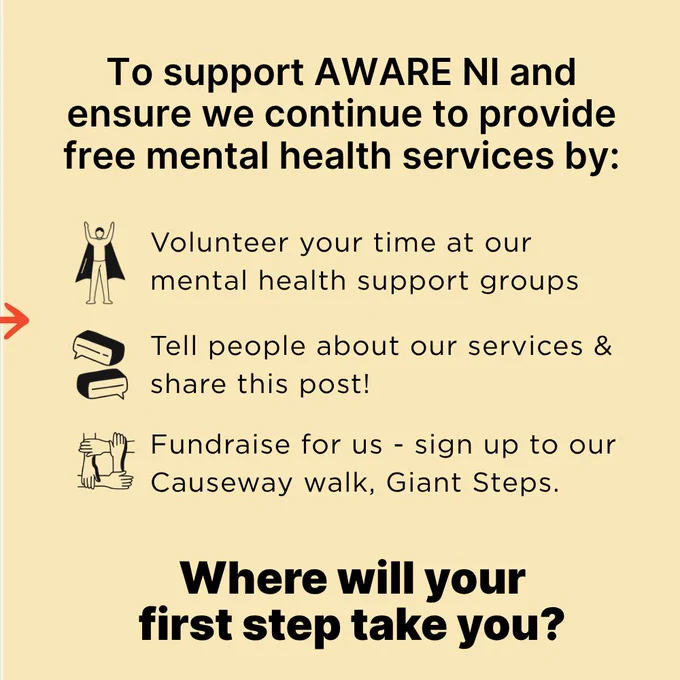 Tan slide explaining ways to support AWARE NI, including volunteering at support groups, sharing services with others, and signing up for the Causeway Walk, Giant Steps fundraiser. The slide ends with the question: “Where will your first step take you?” and includes AWARE NI’s 30th anniversary logo.