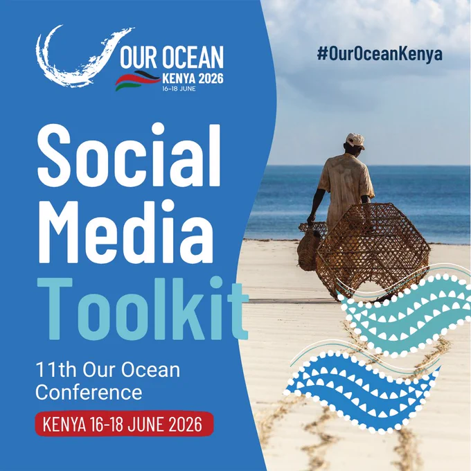 A person walks on a sandy beach near the ocean, carrying a large basket. The image promotes the "11th Our Ocean Conference" in Kenya, scheduled for June 16‑18, 2026, and includes the hashtag #OurOceanKenya.