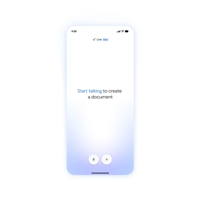 A mobile screen with Docs Live UI. Text reads “start talking to create a document”