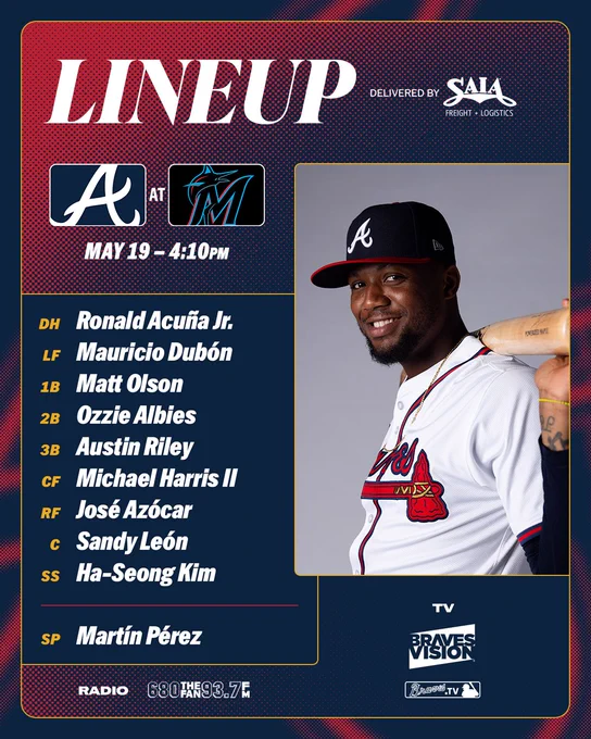 Acuña Jr. DH, Dubón LF, Olson 1B, Albies 2B, Riley 3B, Harris II CF,  Azócar RF León C, Kim SS, Pérez P. First pitch at 4:10pm.
