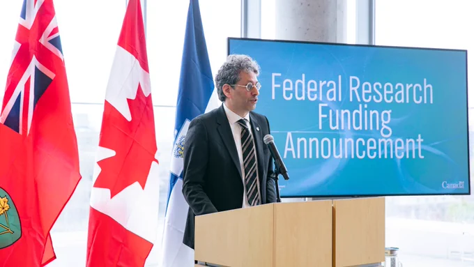 Karim Bardeesy, parliamentary secretary to Canada's minister of industry, at the University of Toronto's Schwartz Reisman Innovation Campus (photo by Ania Potyrala)