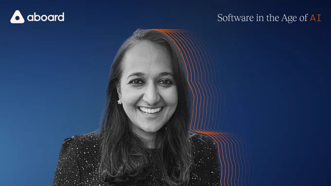 Black and white image of Kamal with an orange silhouette, set against a dark blue background. Aboard logo in white in top corner; "Software in the age of AI" in white and orange in opposite top corner. 