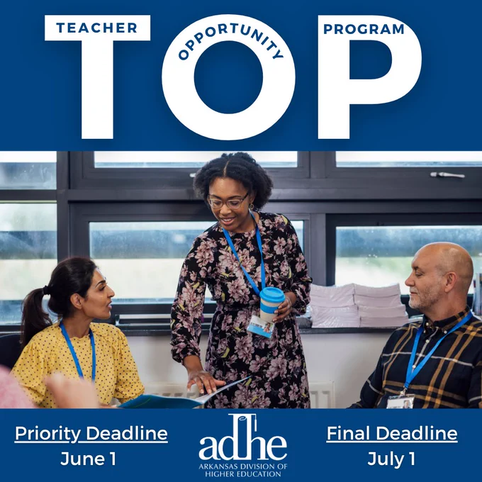 Teachers interacting in a classroom setting, surrounded by information about the Teacher Opportunity Program deadlines. The priority deadline is June 1, and the final deadline is July 1.