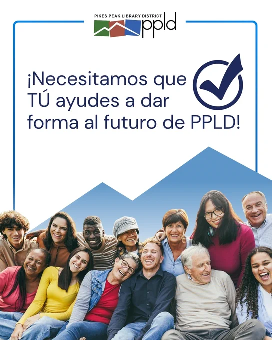Group of people under the text urging people to submit PPLD's strategic plan survey
