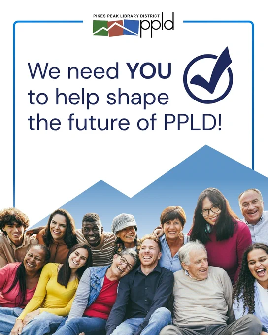 Group of people under the text that urges people to fill out the PPLD Strategic Plan Survey