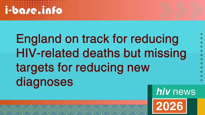 Colourful i-Base graphic. The main text reads: England on track for reducing HIV-related deaths but missing targets for reducing new diagnoses. At the top is i-Base’s website address: I hyphen base dot info. A smaller rectangle in the bottom right, reads: HIV news. 2026. There are various dotted patterns. The colours used in the image are two shades of light blue, orange, peach, grey-blue, chartreuse, khaki green, dark red, brown, light turquoise, turquoise, dark green, mustard and white.