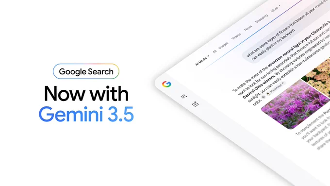 Text reads “Google Search: Now with Gemini 3.5” next to an image of a Search results page.