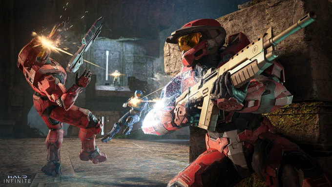 A Spartan takes cover against oncoming enemy fire